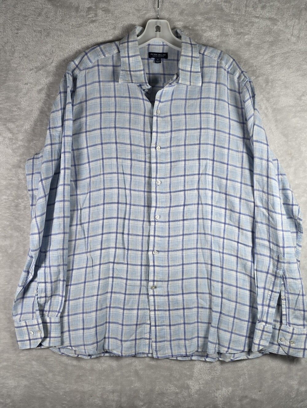 Peter Millar Crown Carfted XL 100% Linen Long Sleeve Button Down Men Shirt Plaid